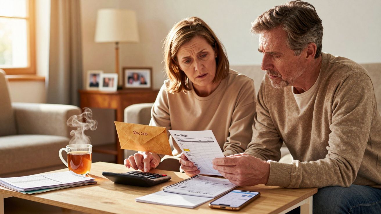 Casal sentado à mesa analisa contas e documentos, com calculadora e chá ao lado.