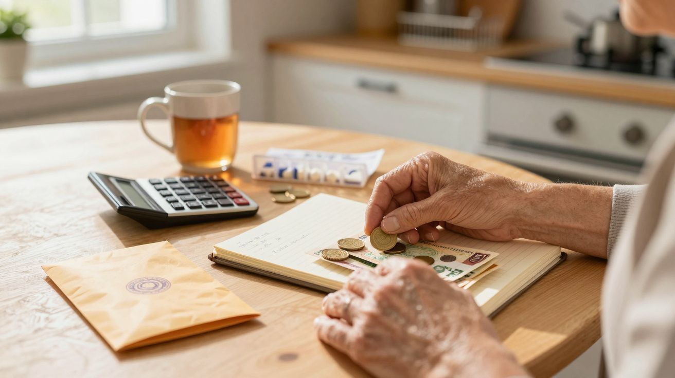 Pessoa contando moedas e notas numa mesa com calculadora, chá e envelope.