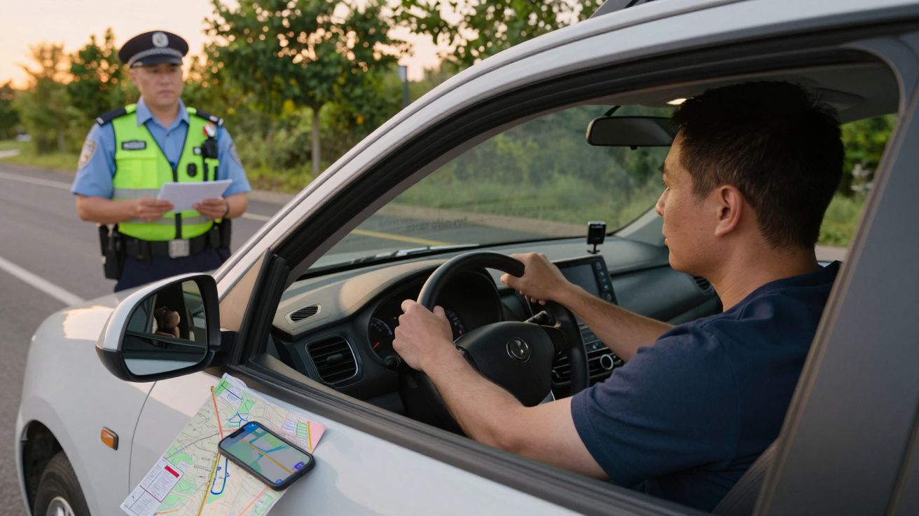 Condutor dentro de um carro parado na estrada; polícia segura blocos de notas, observando o motorista.