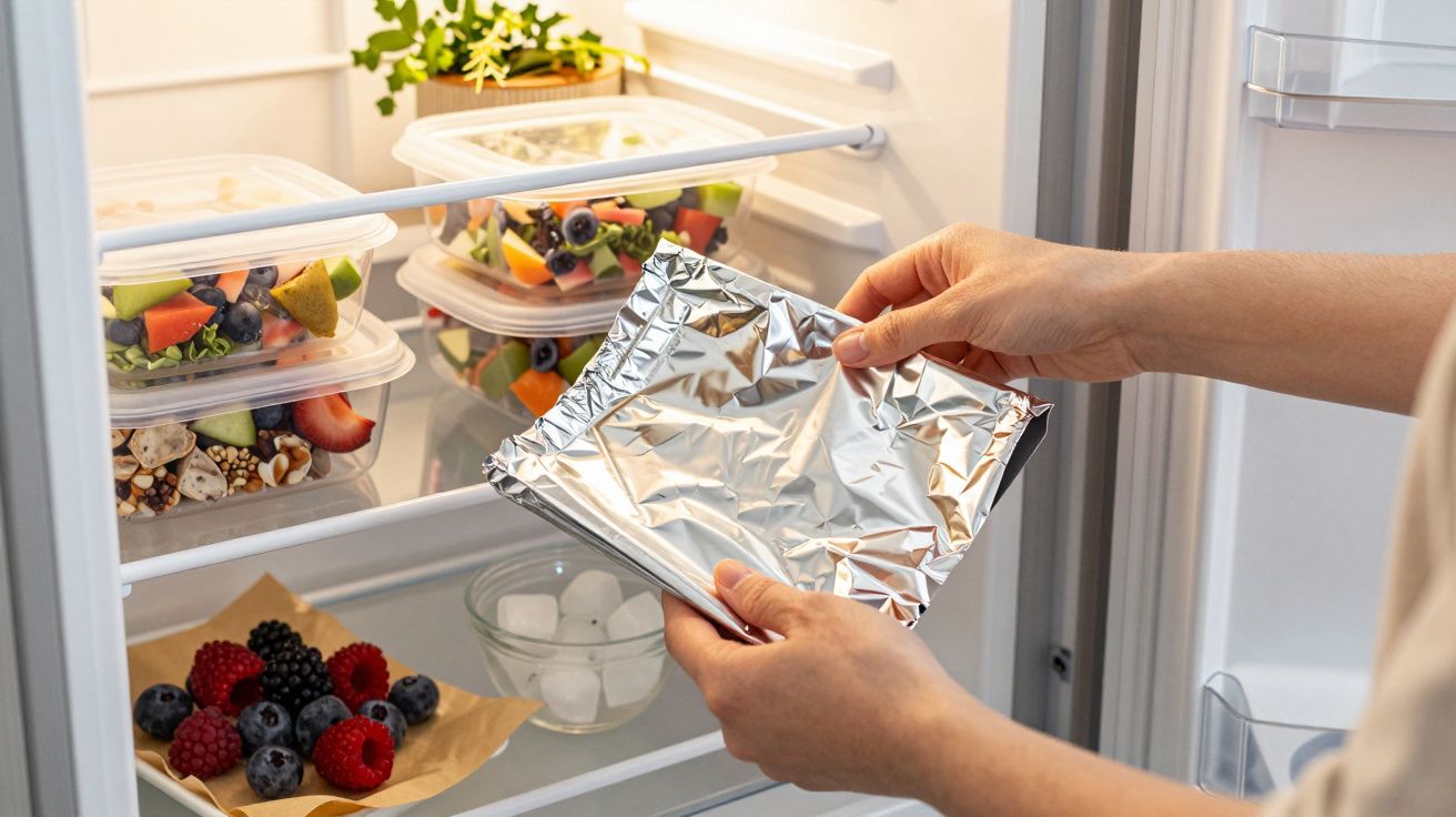 Pessoa a guardar recipiente embrulhado em papel de alumínio no frigorífico, ao lado de outros alimentos e frutas.