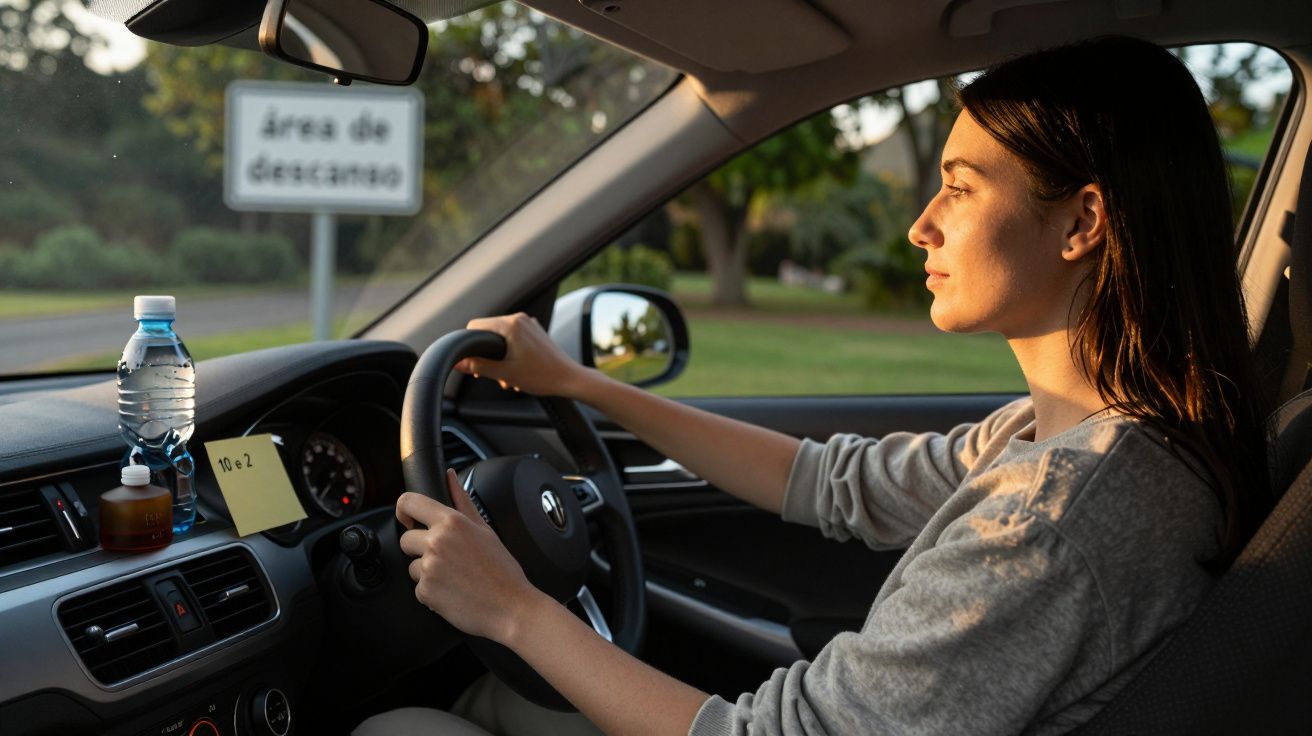 Mulher a conduzir carro, com garrafa de água e nota no painel; sinal de "área de descanso" visível ao fundo.