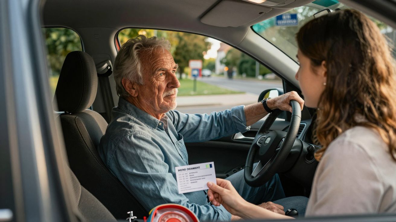 Mulher mostrando documento a homem idoso no carro, ambos em comunicação na cidade.