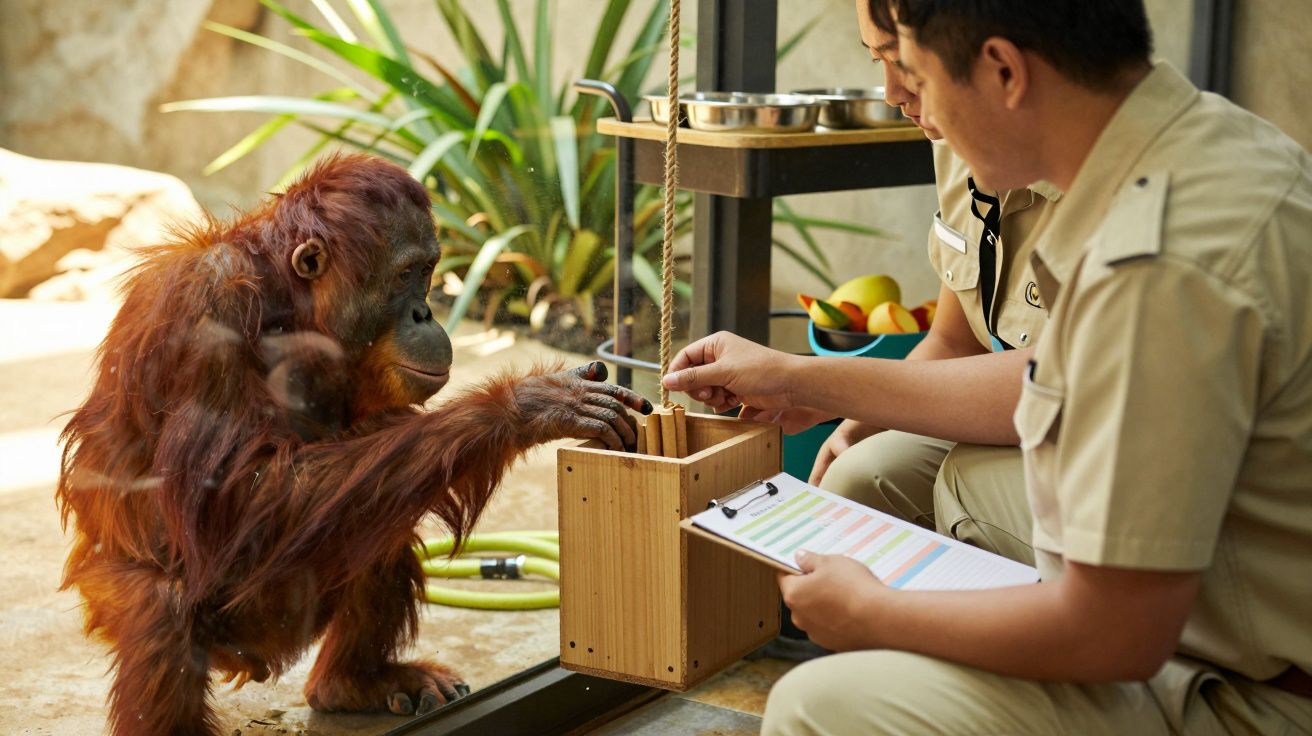 Orangotango interage com tratador em uniforme bege, explorando caixa de madeira com ferramentas e frutas ao fundo.