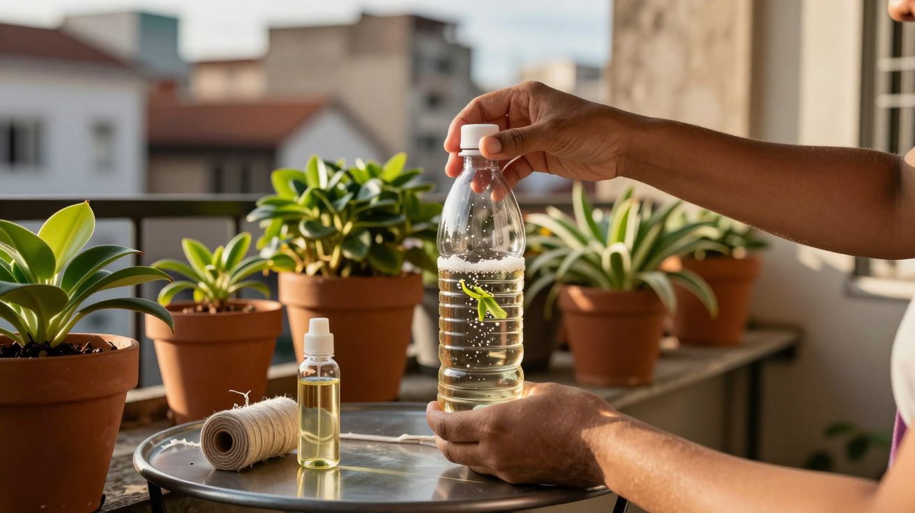 Pessoa segura uma garrafa com líquido transparente numa varanda com plantas em vasos iluminadas pelo sol.