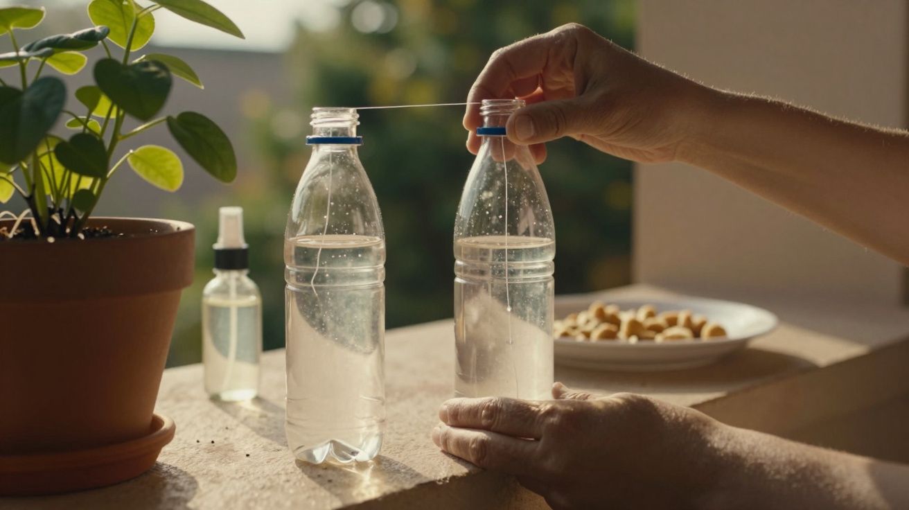 Duas garrafas de plástico cortadas, uma mão segurando linha, planta em vaso e prato de nozes ao fundo numa varanda.