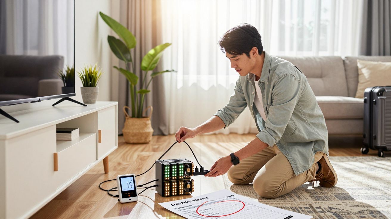 Homem ajoelhado no chão de uma sala a ajustar um dispositivo eletrónico com visor LED, junto a listas de tarefas.