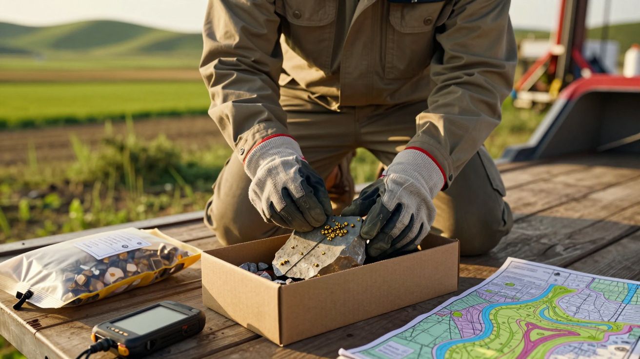 Pessoa ajoelhada analisa amostras de solo numa caixa, com mapa e dispositivo GPS sobre uma mesa de madeira.