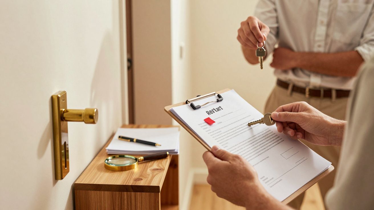 Duas pessoas trocam chaves e um contrato num corredor, com uma lupa e caneta sobre uma mesa.