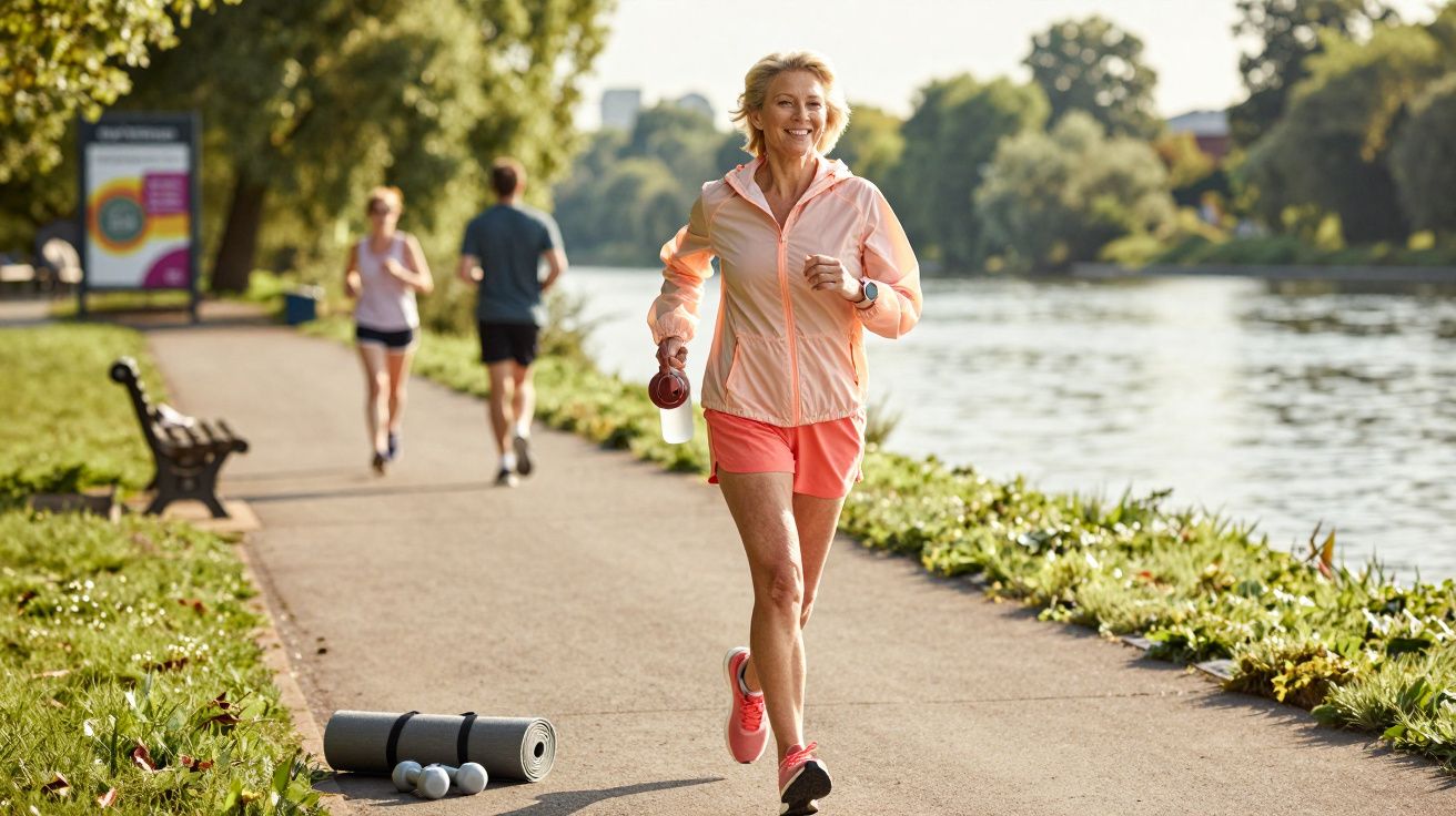 Mulher a correr junto ao rio num dia ensolarado, com equipamento desportivo rosa e expressão alegre.