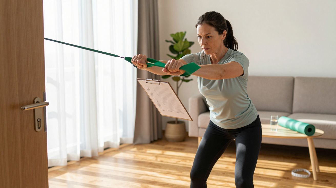 Mulher a fazer exercícios com banda elástica num quarto iluminado, com sofá e planta ao fundo.
