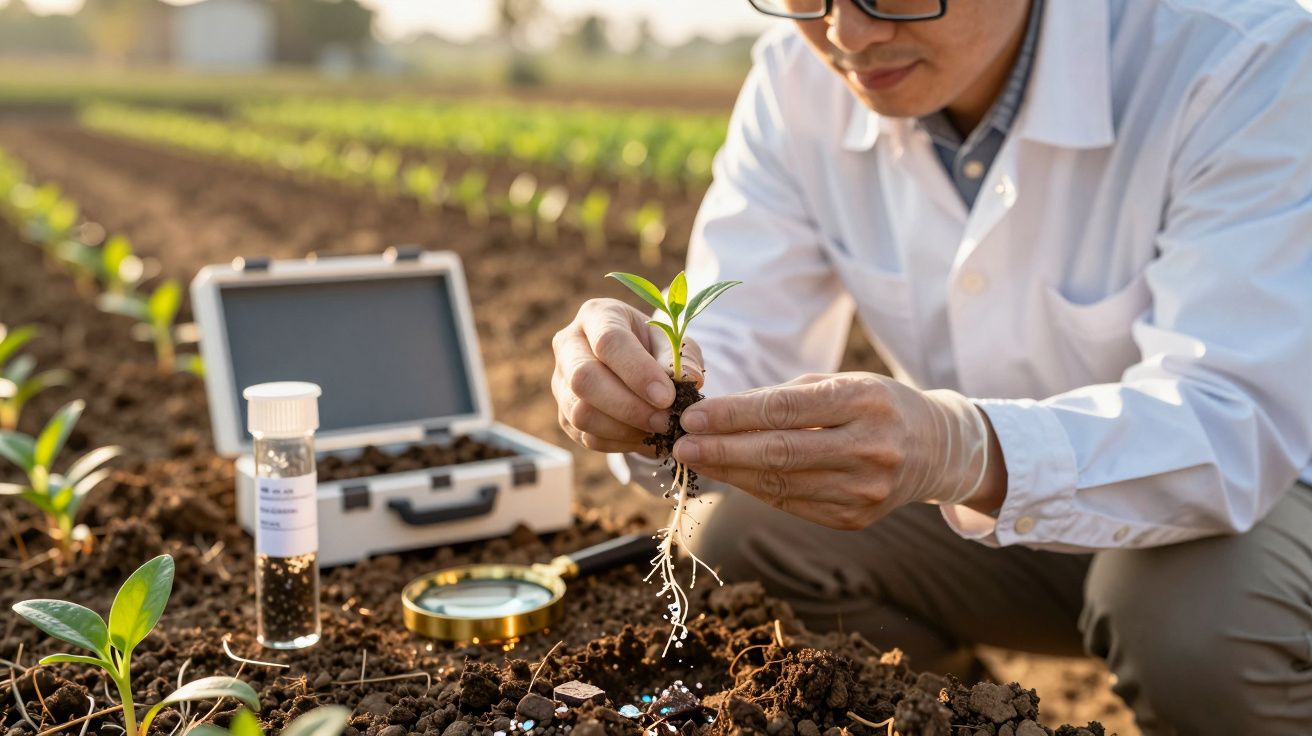 Investigador em campo labora analisando planta jovem, com lupa e amostras de solo ao lado.
