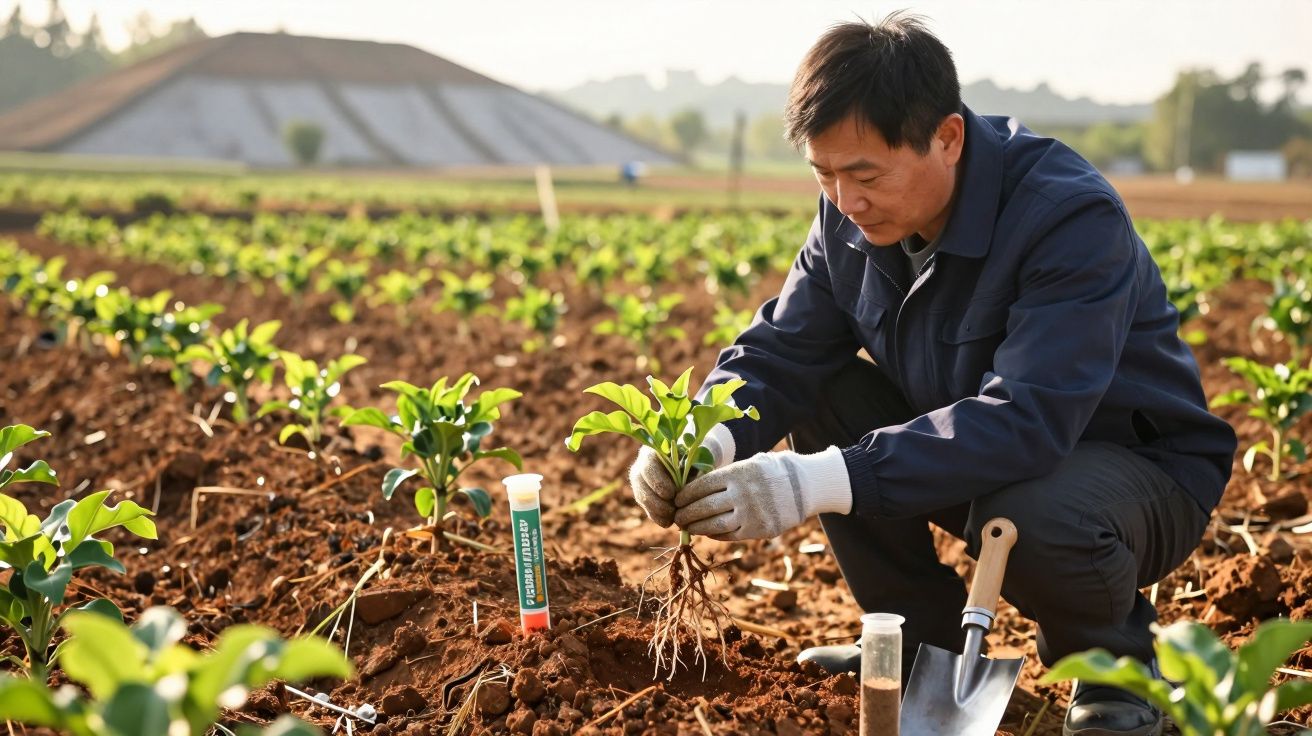 Agricultor ajoelhado inspecciona plântulas num campo, com uma pá e produtos ao lado, sob céu claro.