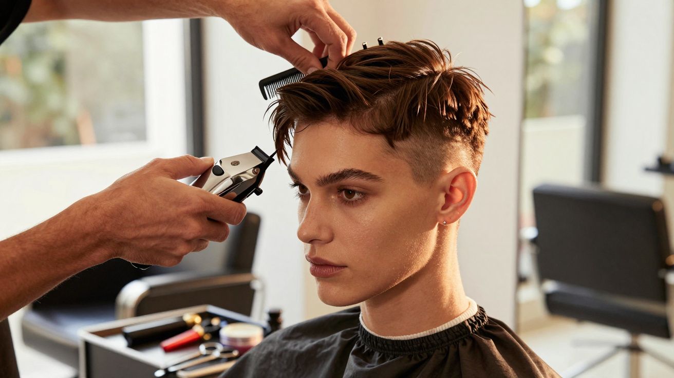 Pessoa a receber corte de cabelo em salão, com cabeleireiro usando máquina de cortar e pente.