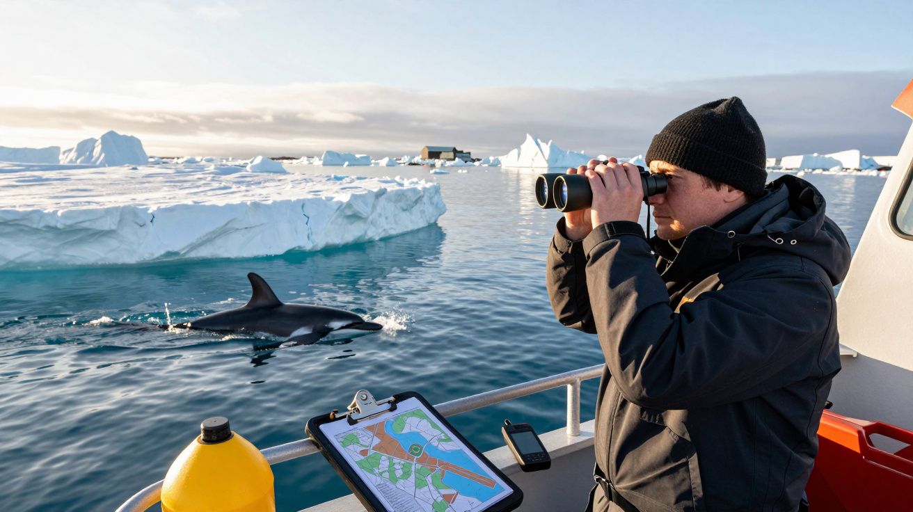 Homem observa orca com binóculos num barco no Ártico, rodeado de icebergs, com um mapa e garrafa no convés.