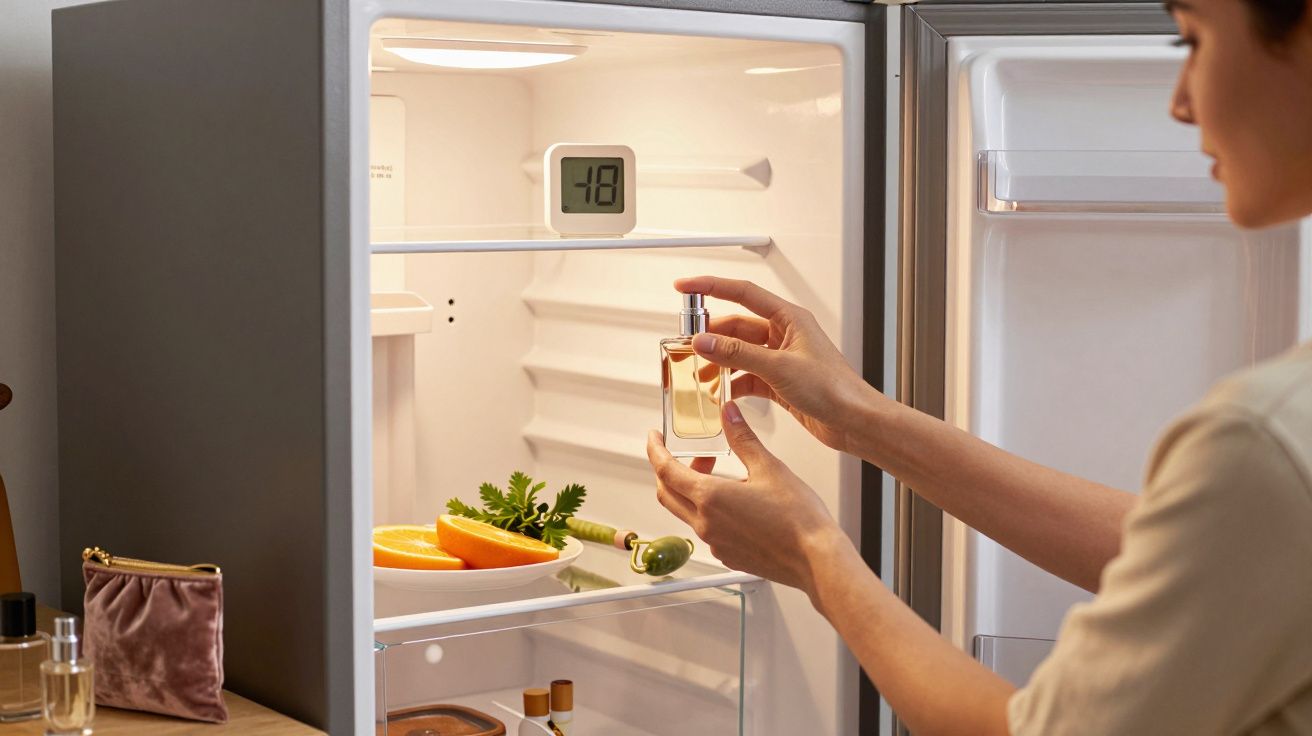 Pessoa coloca perfume dentro de frigorífico com laranja, ervas, e termómetro marcando -18°C.