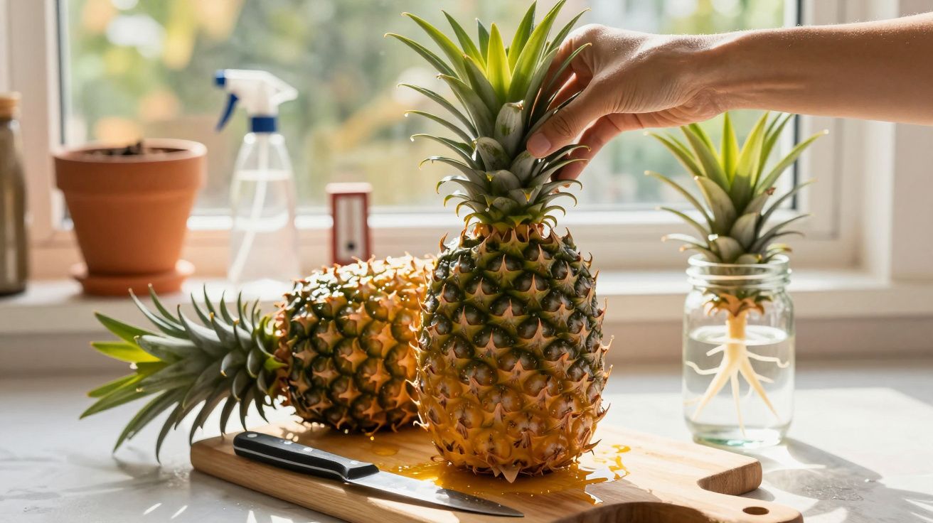 Mão segurando abacaxi em tábua de madeira com faca, outro abacaxi ao lado e planta ao fundo.