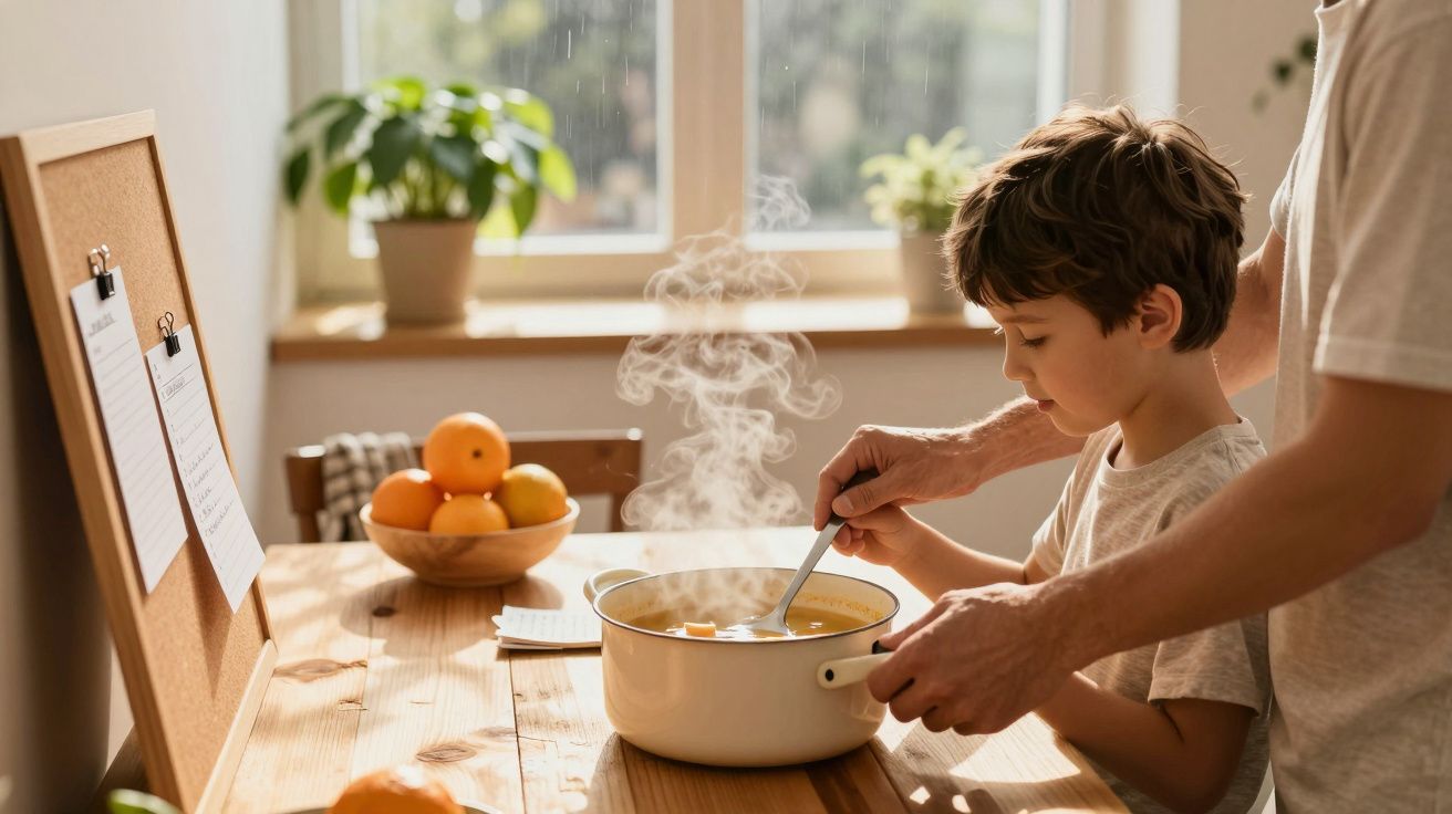 Criança a cozinhar com adulto ao lado, mexendo panela de sopa fumegante numa cozinha iluminada.