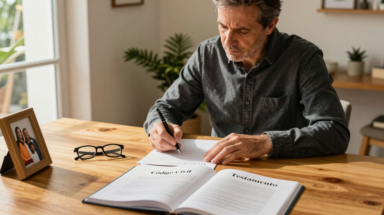 Homem escreve num caderno em mesa de madeira, com óculos e porta-retratos ao lado.