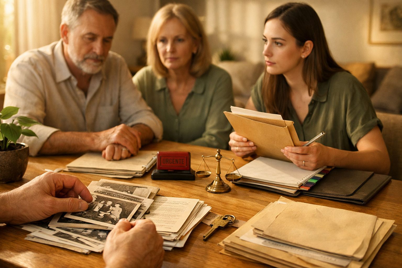 Duas pessoas discutem um documento com esquema numa mesa de madeira, ao lado de um portátil e chaves.