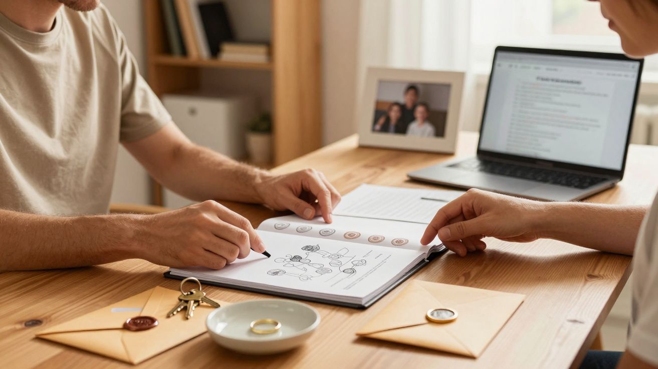 Duas pessoas discutem um diagrama num caderno sobre uma mesa, com um computador portátil ao fundo.
