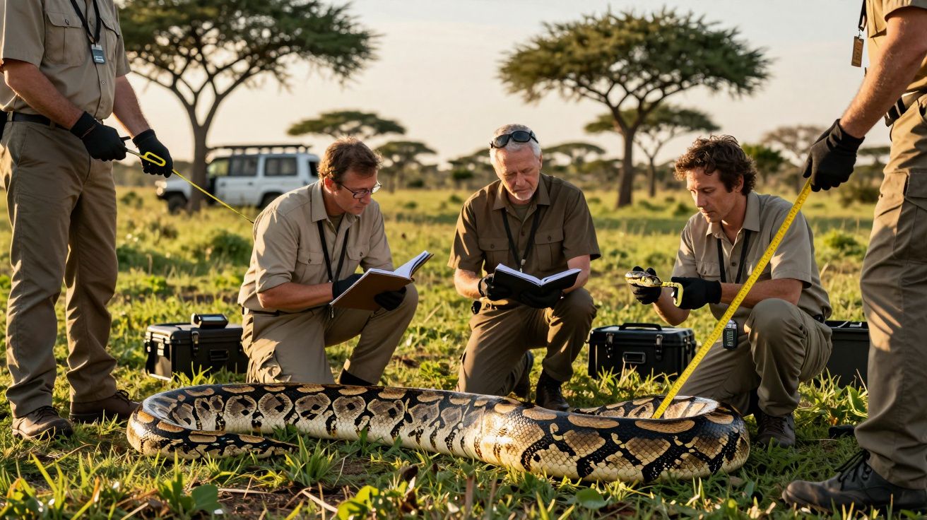 Cientistas medem e observam uma cobra grande num campo, com árvores e um veículo ao fundo.
