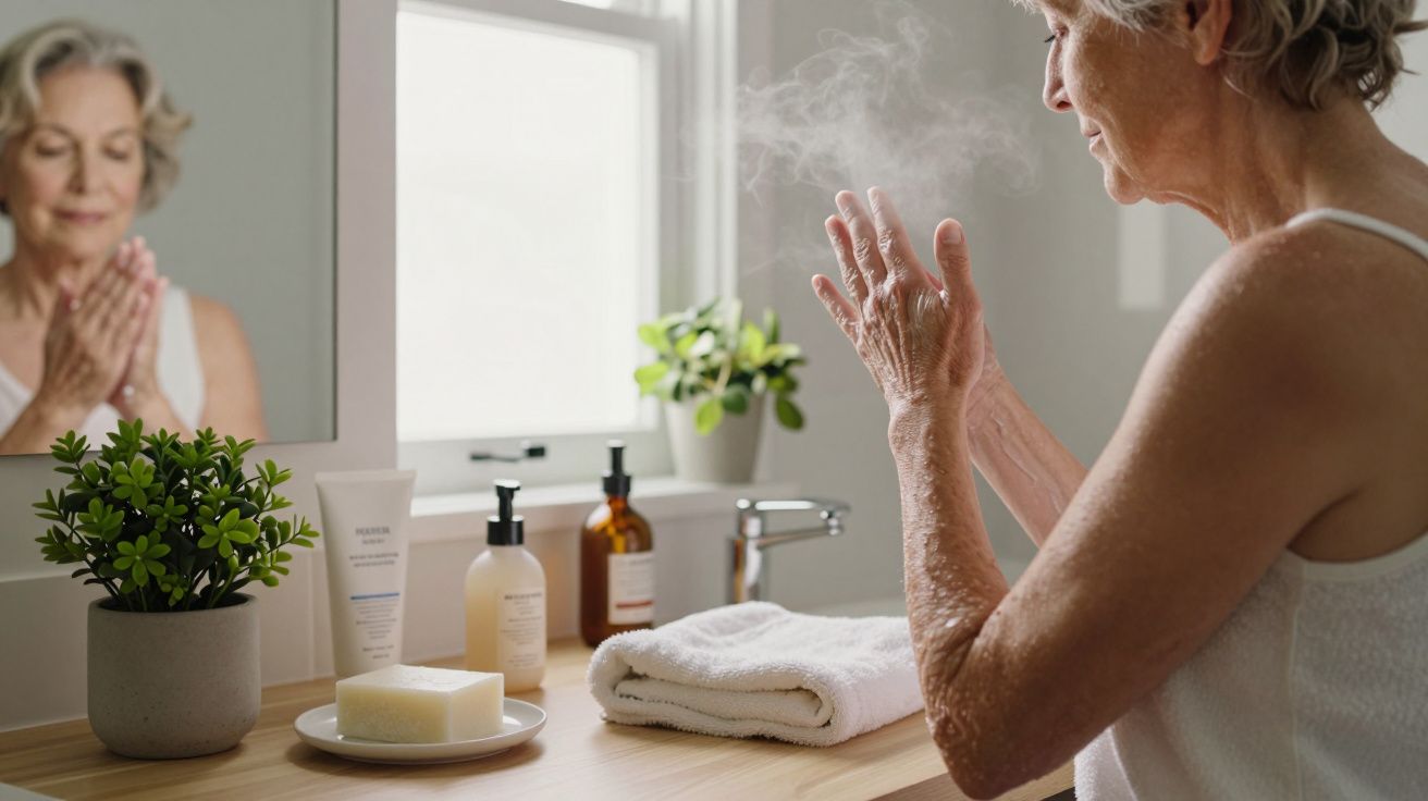 Mulher idosa cuidando das mãos com produtos de beleza, em frente ao espelho, ao lado de toalha e sabonete.