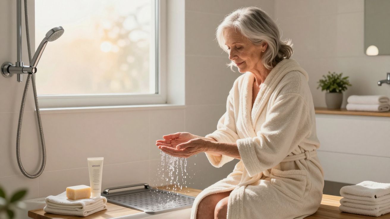 Mulher idosa de roupão branco sentada na casa de banho, examinando a água com as mãos.