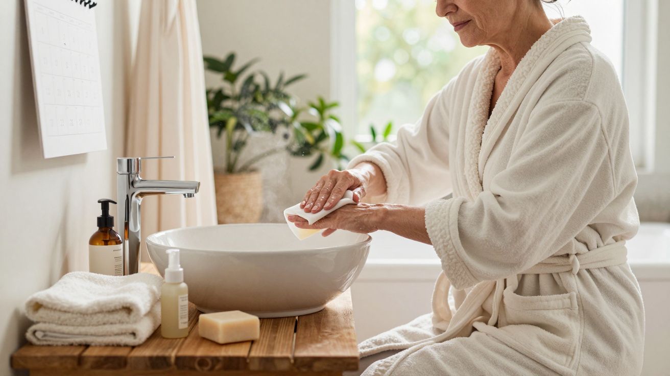 Mulher com robe branco lava as mãos numa casa de banho moderna, com toalhas e plantas ao fundo.