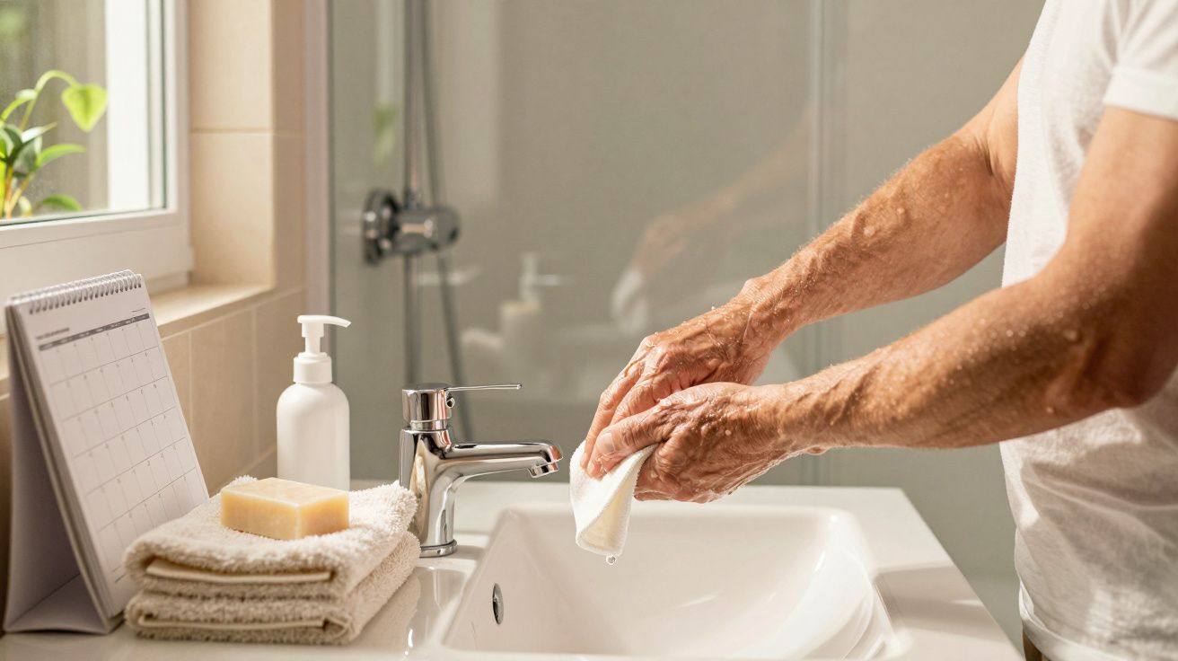 Homem a lavar as mãos numa casa de banho, com toalhas, sabonete e calendário sobre a bancada ao lado.