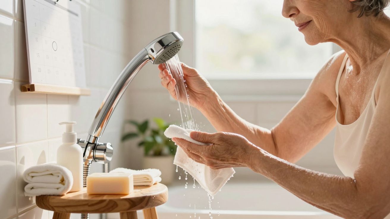 Mulher idosa lava um pano sob um chuveiro de mão numa casa de banho iluminada pelo sol.