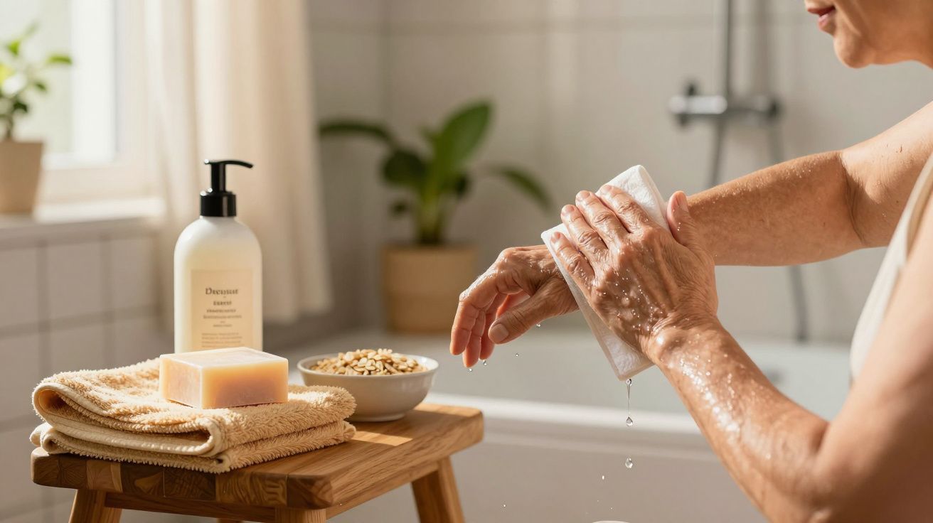 Pessoa limpando as mãos com toalha molhada ao lado de sabonete e loção sobre um banco na casa de banho iluminada.