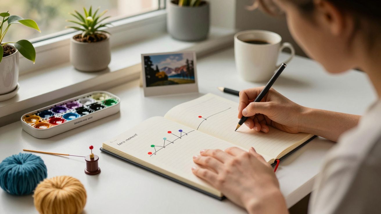 Pessoa desenha gráfico colorido em caderno aberto numa secretária com plantas e materiais de pintura.