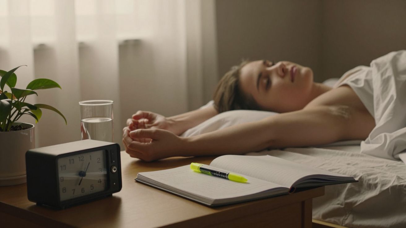 Mulher deitada na cama, ao lado de despertador e caderno sobre mesa de cabeceira, com janela ao fundo.