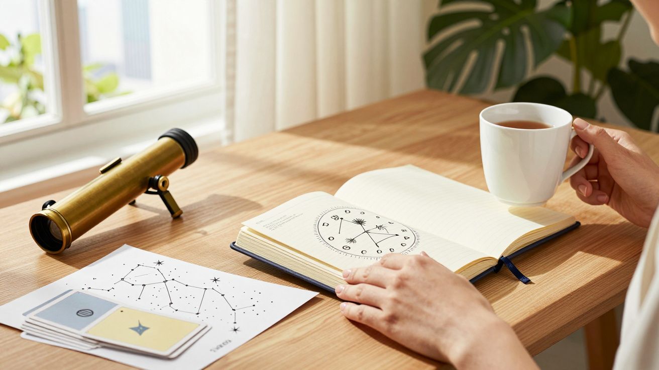 Pessoa a segurar uma chávena, lendo um livro de astronomia numa mesa com telescópio e ilustrações de estrelas.