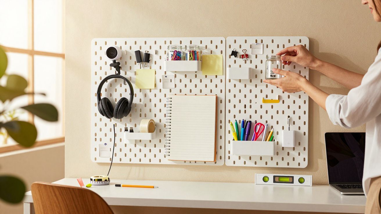 Parede organizada com objetos de escritório, caderno e computador portátil sobre mesa branca. Pessoa ajusta item na prateleir