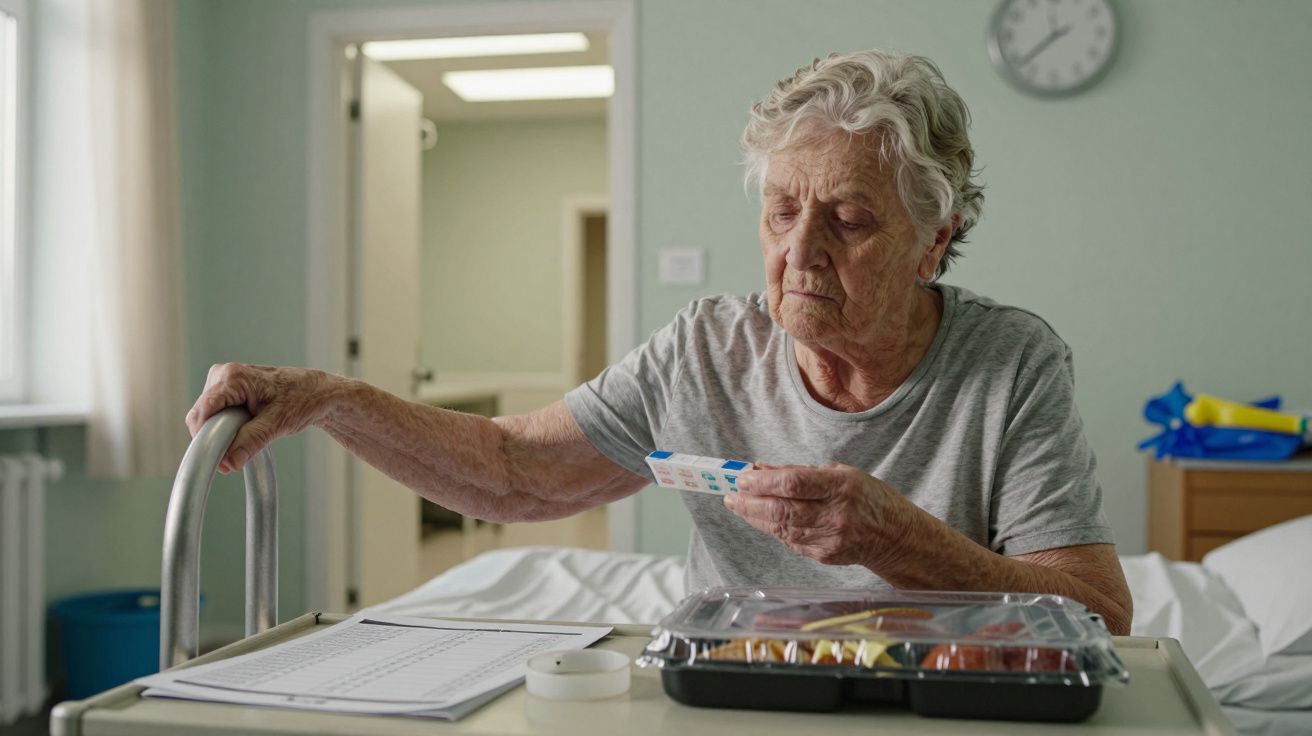 Idosa sentada à mesa, segurando medicação e ao lado de uma bandeja de comida e documentos, num quarto de hospital.