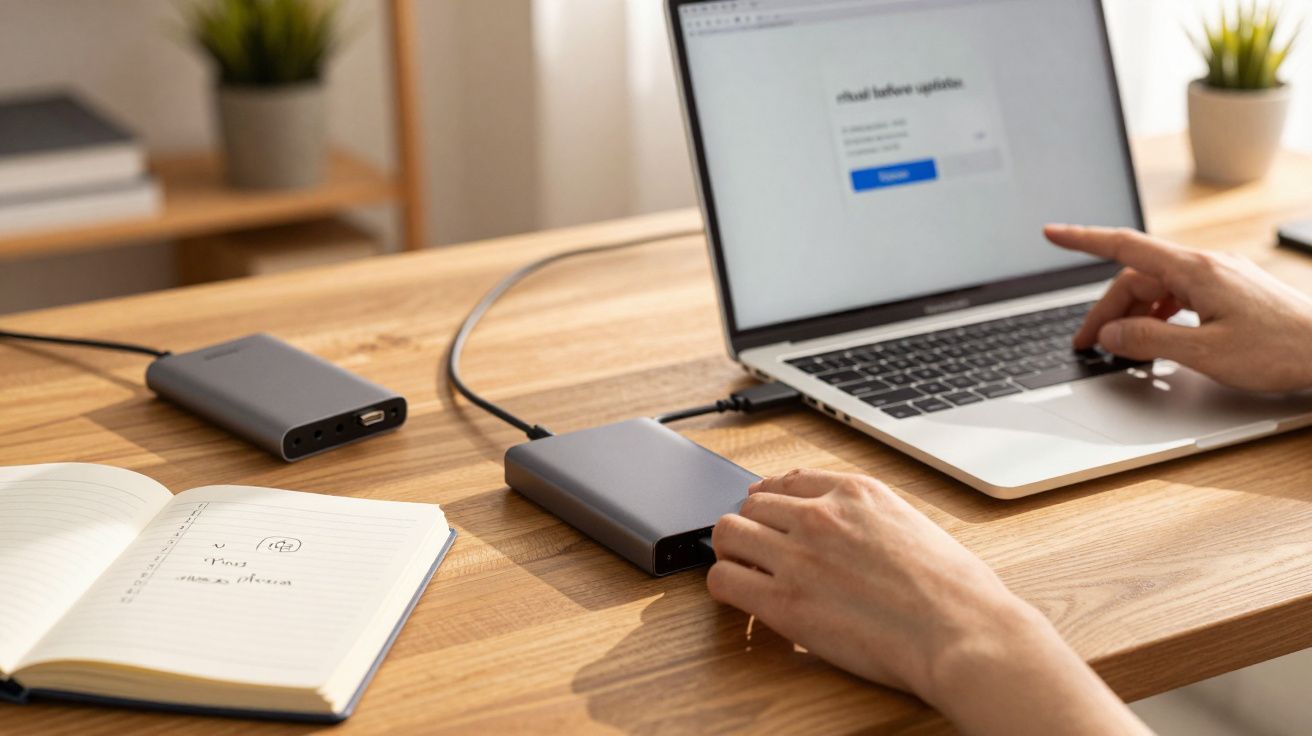 Mesa com portátil, caderno aberto e mãos no teclado. Dispositivos eletrónicos e ficha de carregamento visíveis.