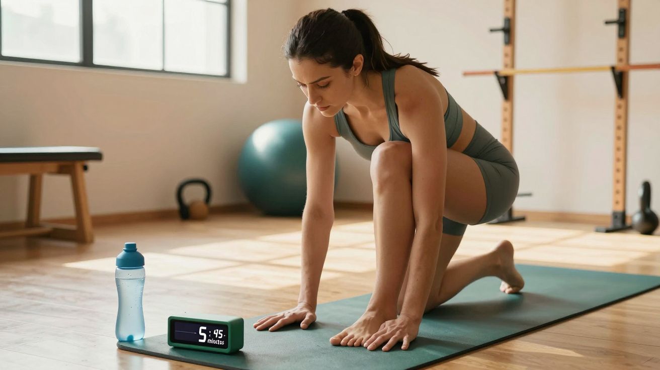 Mulher a fazer exercício num tapete de ioga com garrafa e relógio digital ao lado.