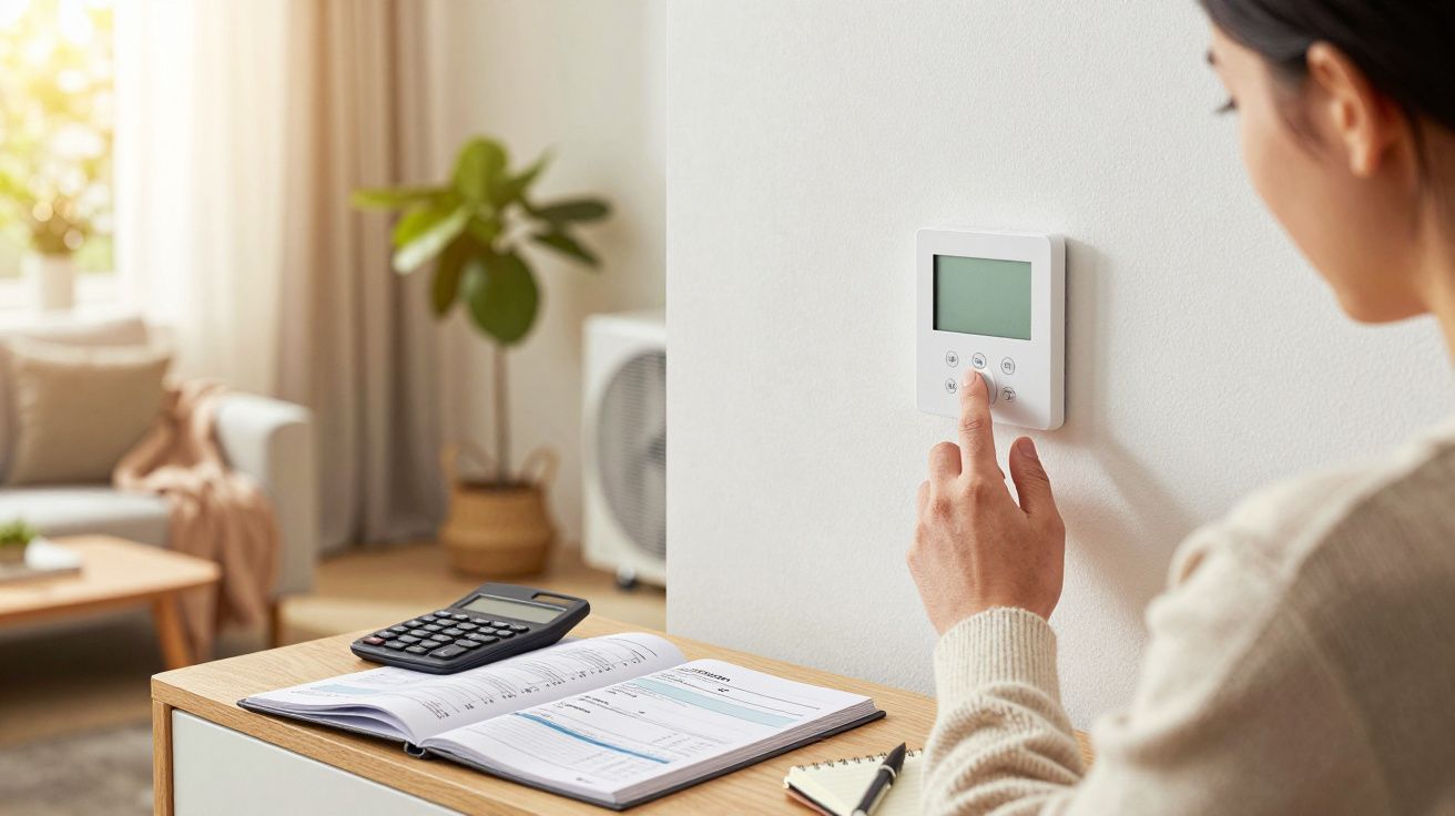 Mulher ajusta termóstato na parede, com calculadora e agenda sobre o móvel. Sala com planta ao fundo.