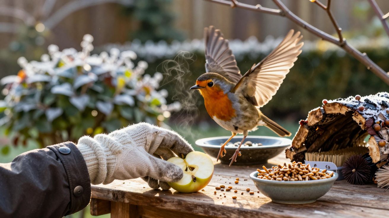Pisco-de-peito-ruivo a voar para uma mesa com maçã e sementes, num jardim de inverno. Mão com luva a segurar maçã.