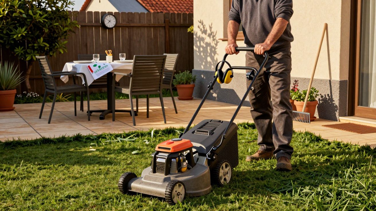 Homem a cortar a relva com um cortador num jardim ensolarado, ao lado de um terraço com mesa e cadeiras.
