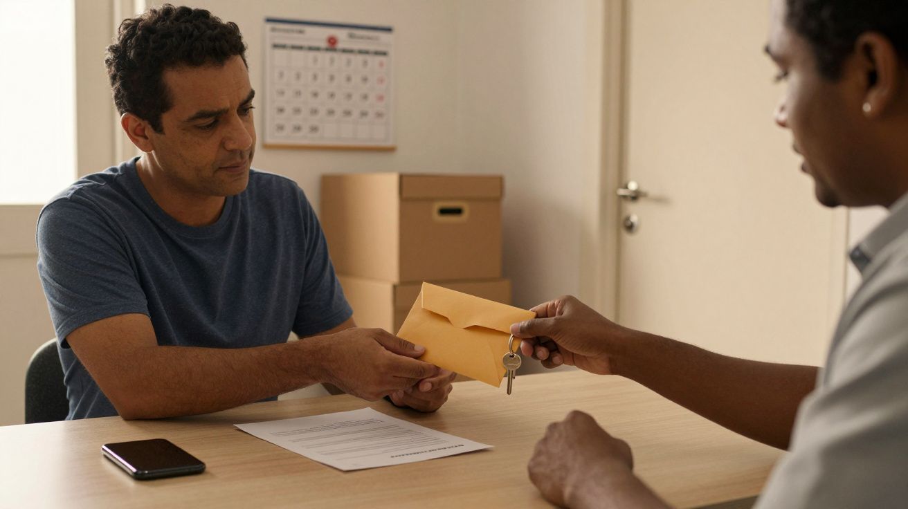 Homem entrega envelope com chave a outro sentado a uma mesa, com telemóvel e papel. Caixa e calendário ao fundo.