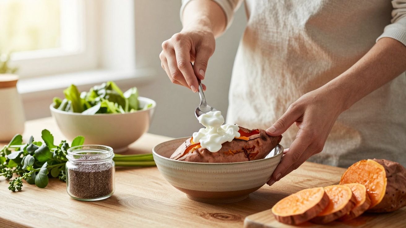 Pessoa coloca creme azedo numa batata-doce assada, com ingredientes frescos ao lado numa cozinha iluminada.
