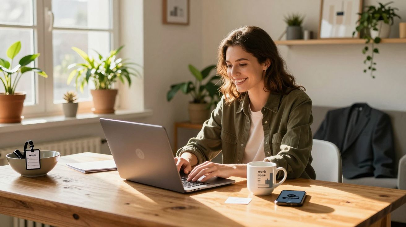 Mulher sorrindo trabalha no portátil numa mesa de madeira, rodeada por plantas e com uma caneca e um telemóvel ao lado.