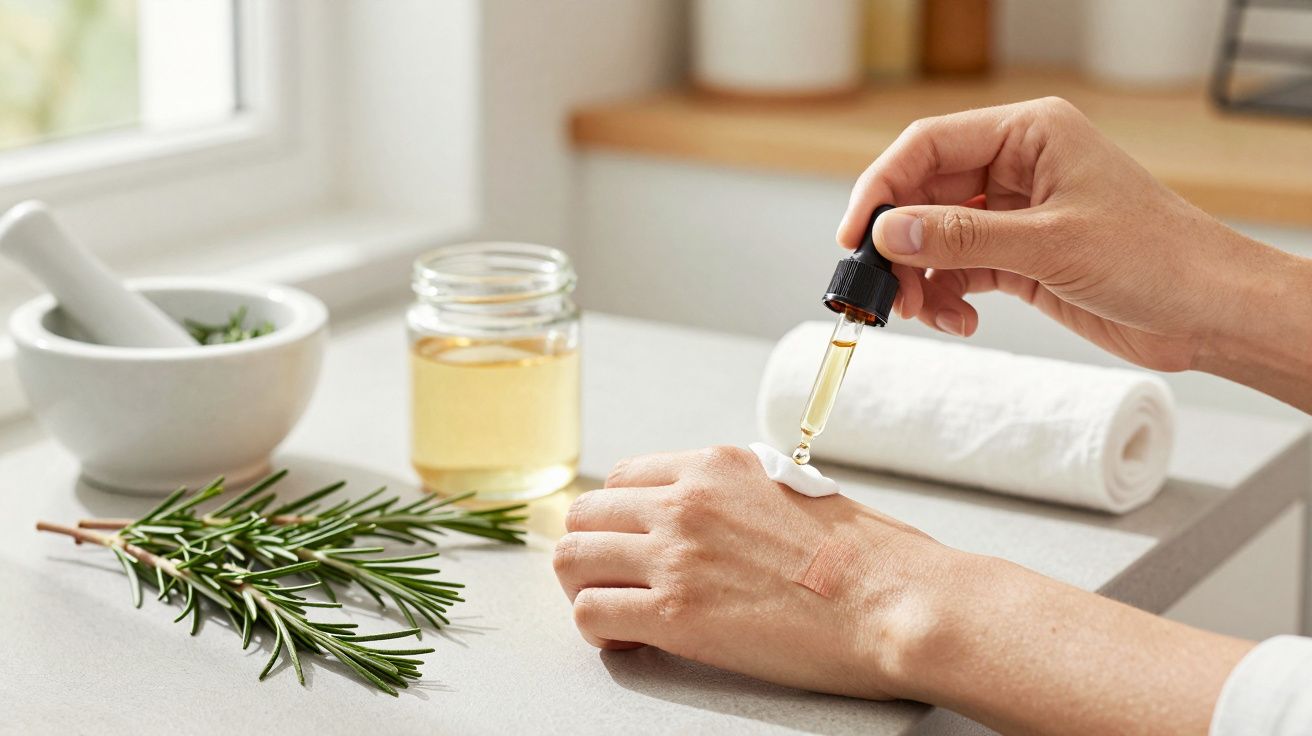Mão aplica óleo essencial no pulso com conta-gotas, raminho de alecrim e frasco ao fundo, em ambiente claro.