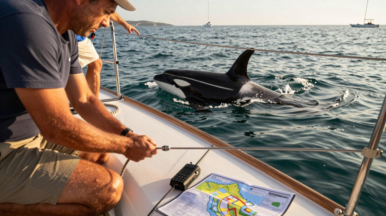 Homem num veleiro observa orca a nadar ao lado, com mapa náutico na mesa.