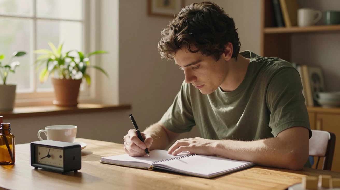 Jovem escrevendo num caderno numa sala iluminada, cercado por plantas, caneca e relógio sobre a mesa.