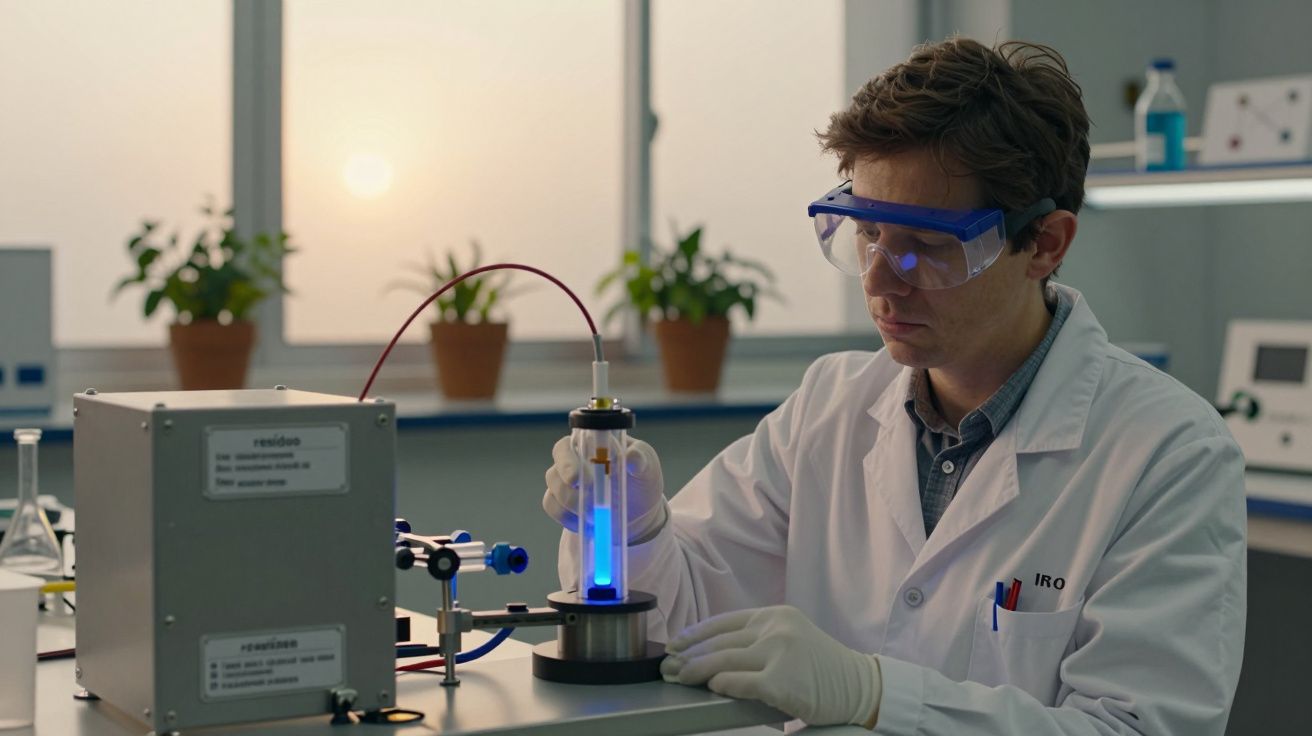 Cientista com óculos de proteção ajusta dispositivo com luz azul em laboratório, com plantas ao fundo.
