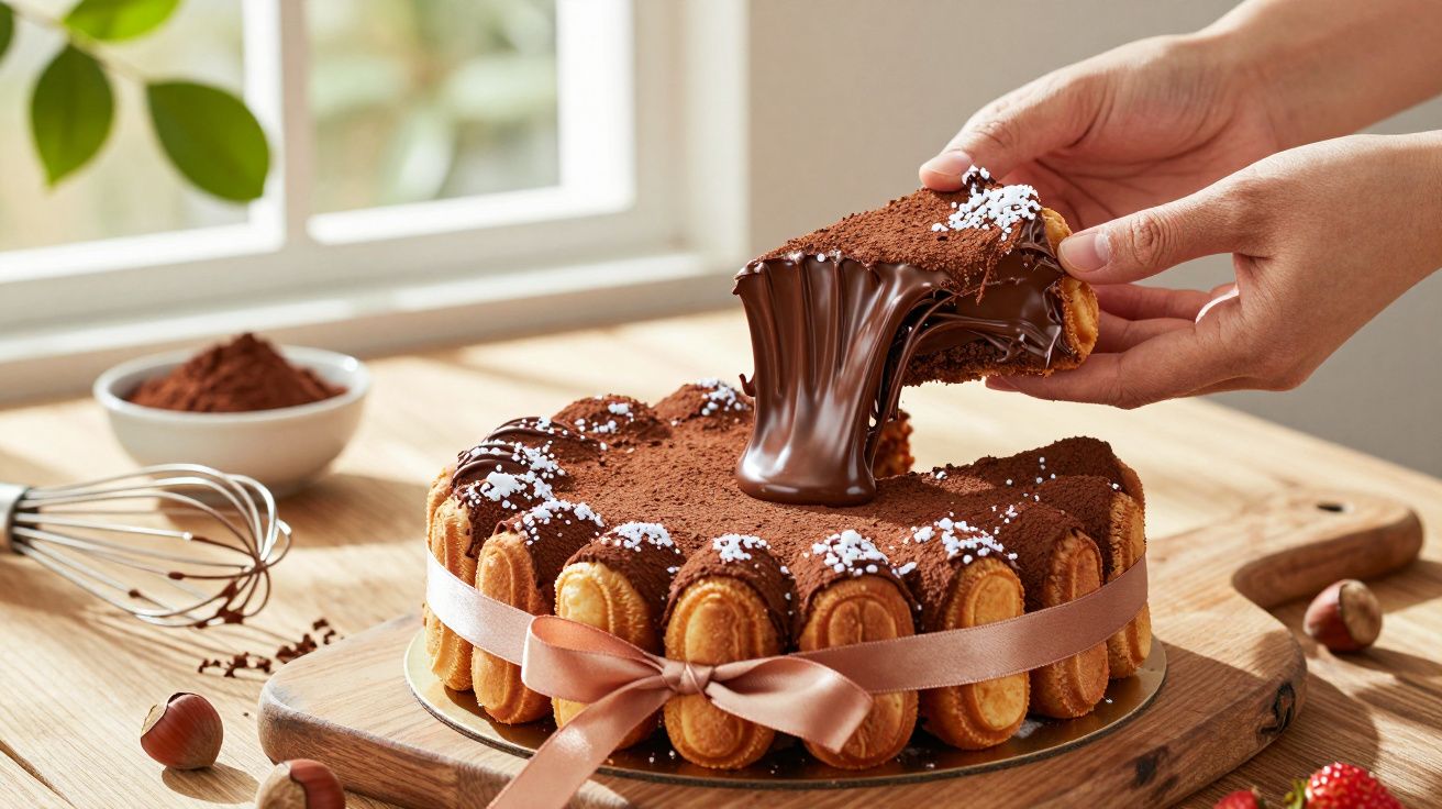 Mãos a servir fatia de bolo de chocolate com biscoitos à volta e fitas, sobre mesa de madeira com utensílios ao lado.