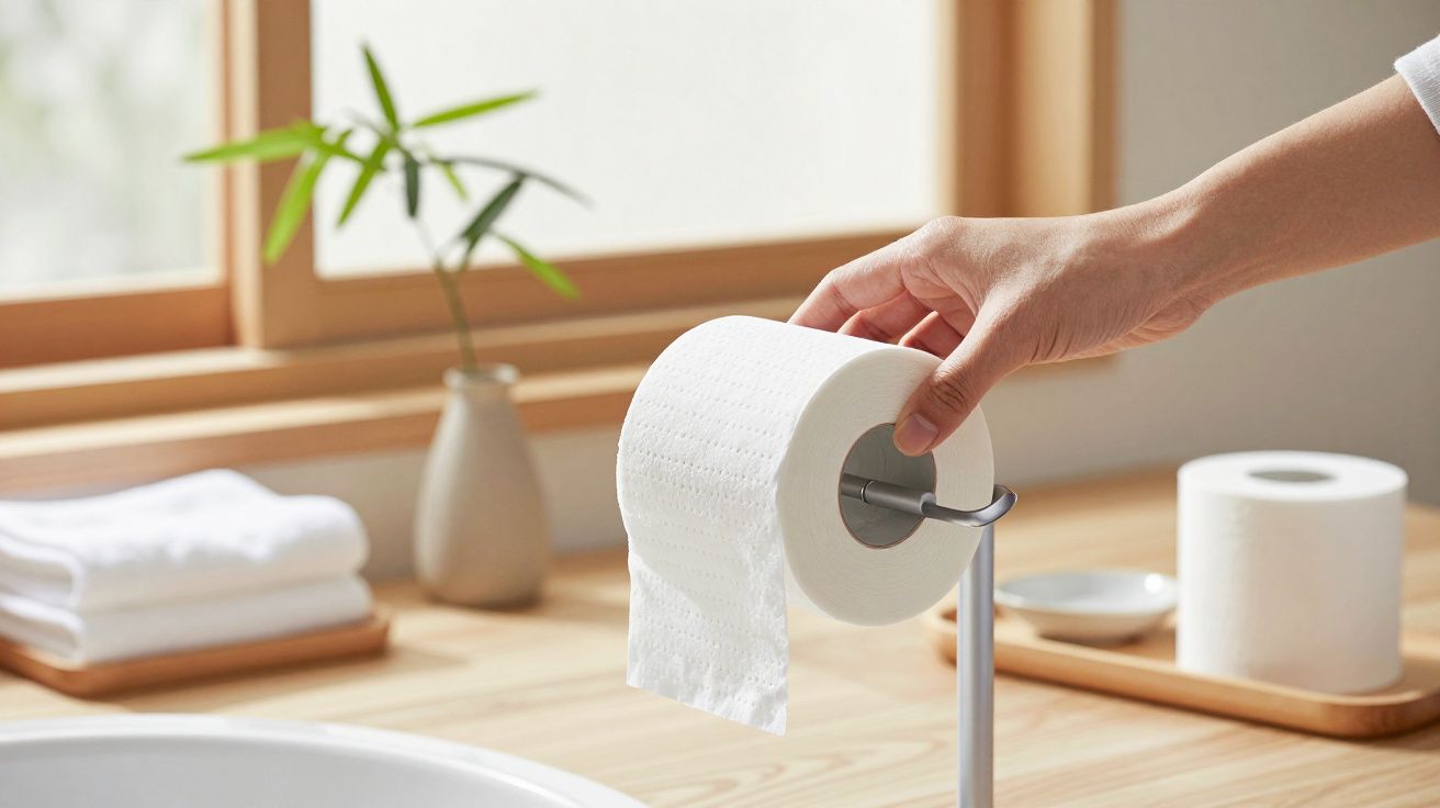 Mão a pegar num rolo de papel higiénico num suporte de metal numa casa de banho minimalista com luz natural.